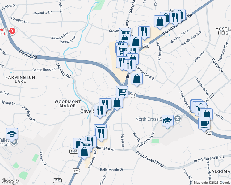 map of restaurants, bars, coffee shops, grocery stores, and more near 3170 Berry Lane in Cave Spring