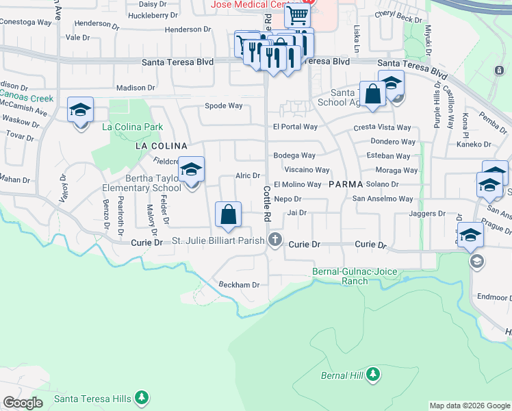 map of restaurants, bars, coffee shops, grocery stores, and more near 6340 Sponson Court in San Jose