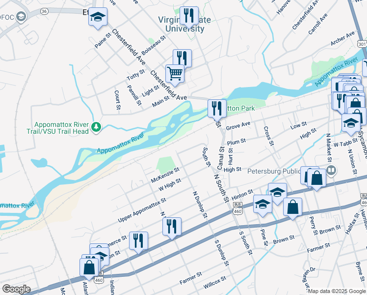 map of restaurants, bars, coffee shops, grocery stores, and more near 845 Fort Henry Street in Petersburg