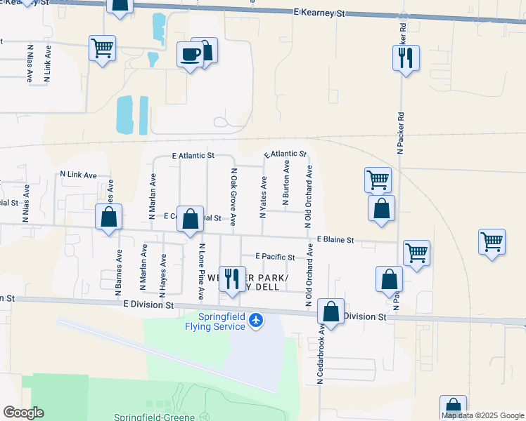map of restaurants, bars, coffee shops, grocery stores, and more near 1798 North Yates Avenue in Springfield