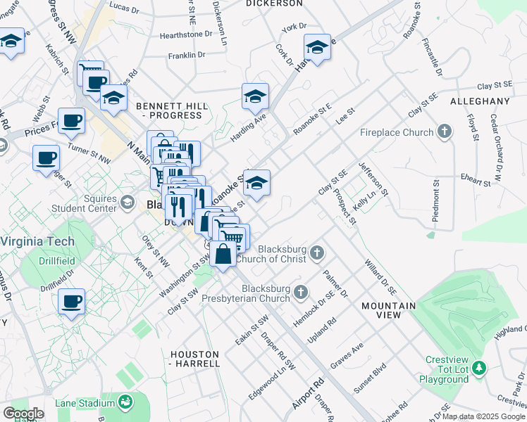 map of restaurants, bars, coffee shops, grocery stores, and more near 403 Berryfield Lane in Blacksburg