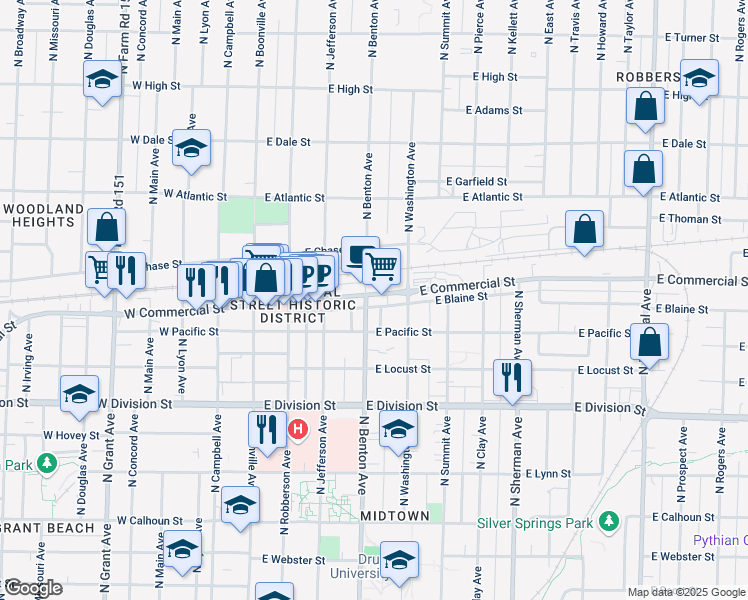 map of restaurants, bars, coffee shops, grocery stores, and more near 543 East Commercial Street in Springfield