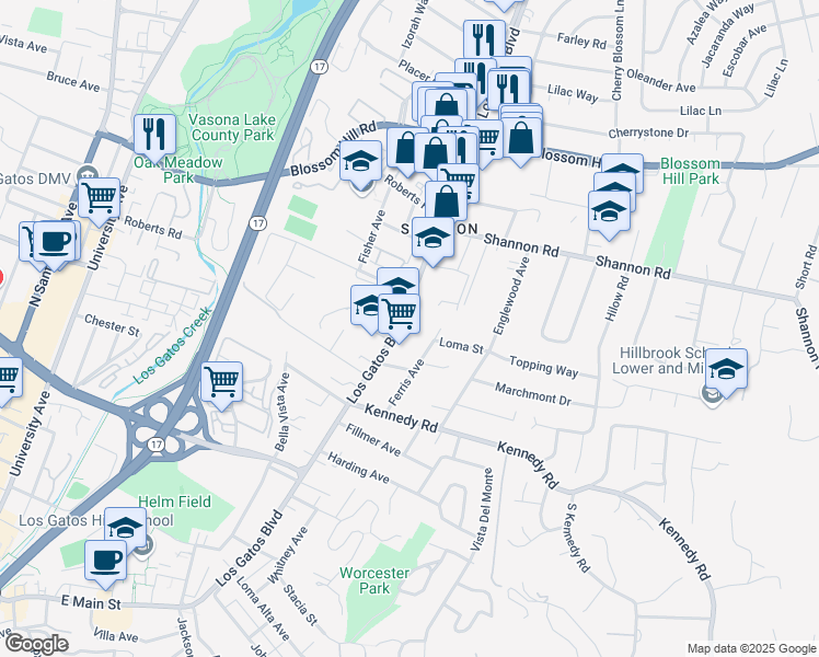 map of restaurants, bars, coffee shops, grocery stores, and more near 16450 Los Gatos Boulevard in Los Gatos
