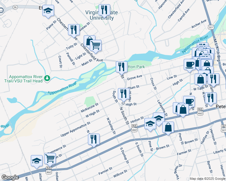 map of restaurants, bars, coffee shops, grocery stores, and more near 806 Fort Henry Street in Petersburg