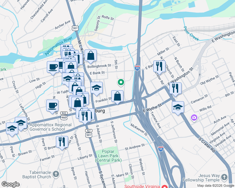 map of restaurants, bars, coffee shops, grocery stores, and more near 235 Franklin Street in Petersburg
