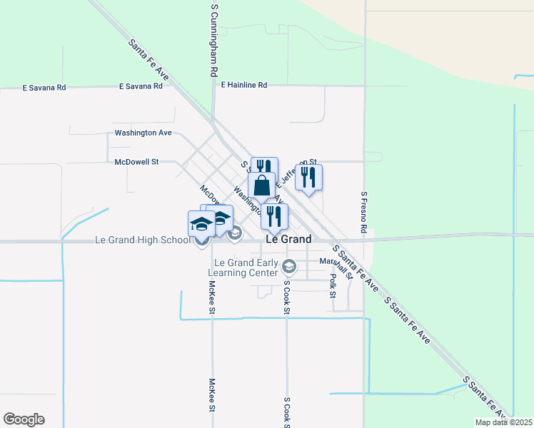 map of restaurants, bars, coffee shops, grocery stores, and more near 3882 Washington Avenue in Le Grand