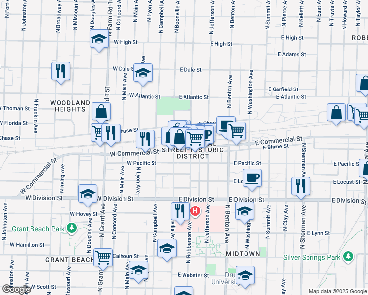 map of restaurants, bars, coffee shops, grocery stores, and more near 223 East Commercial Street in Springfield