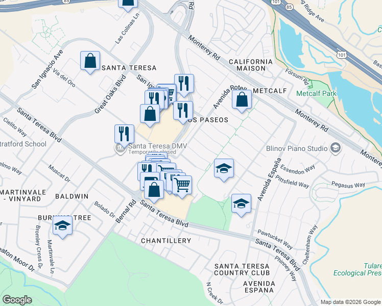 map of restaurants, bars, coffee shops, grocery stores, and more near 6816 Avenida Rotella in San Jose