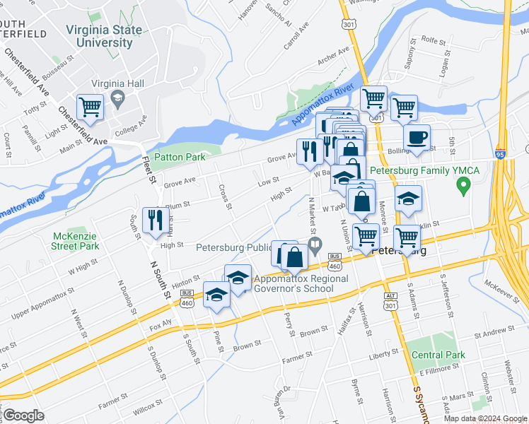 map of restaurants, bars, coffee shops, grocery stores, and more near 310 High Street in Petersburg