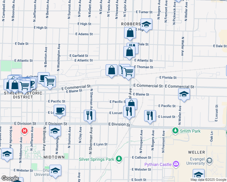 map of restaurants, bars, coffee shops, grocery stores, and more near 1061 East Blaine Street in Springfield