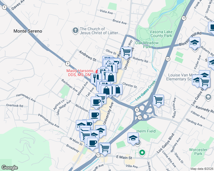 map of restaurants, bars, coffee shops, grocery stores, and more near North Santa Cruz Avenue in Los Gatos