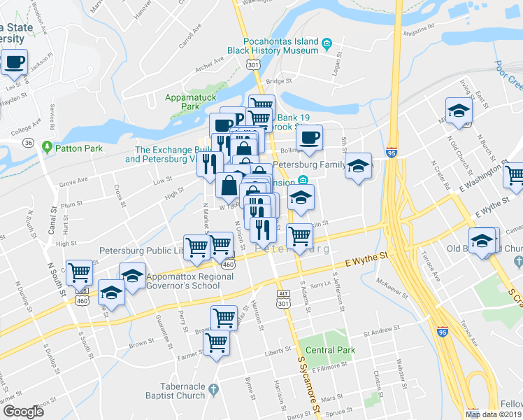 map of restaurants, bars, coffee shops, grocery stores, and more near 146 North Sycamore Street in Petersburg