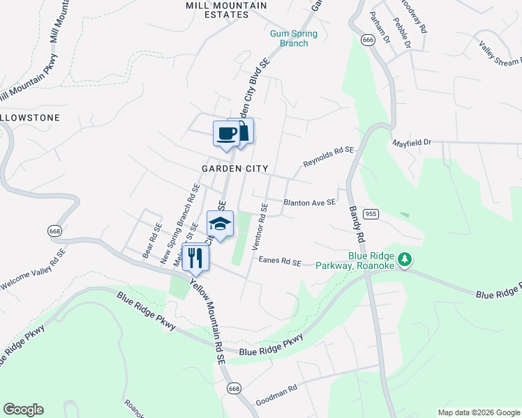 map of restaurants, bars, coffee shops, grocery stores, and more near 1341 Blanton Avenue Southeast in Roanoke