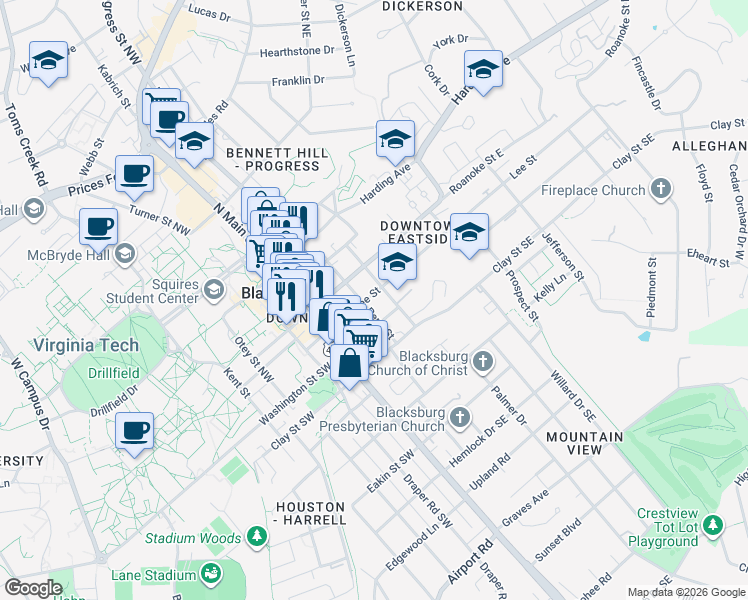 map of restaurants, bars, coffee shops, grocery stores, and more near 203 Wharton Street Southeast in Blacksburg