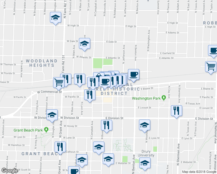 map of restaurants, bars, coffee shops, grocery stores, and more near 229 East Commercial Street in Springfield