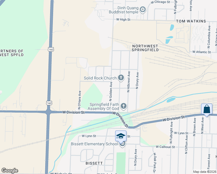 map of restaurants, bars, coffee shops, grocery stores, and more near 1713 North Golden Avenue in Springfield