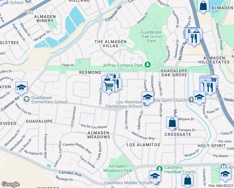 map of restaurants, bars, coffee shops, grocery stores, and more near 6079 Meridian Avenue in San Jose