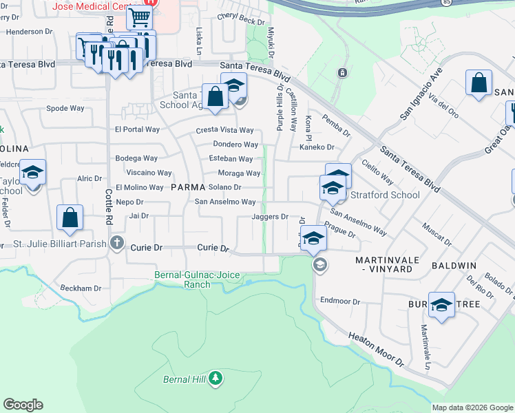 map of restaurants, bars, coffee shops, grocery stores, and more near 6489 San Anselmo Way in San Jose