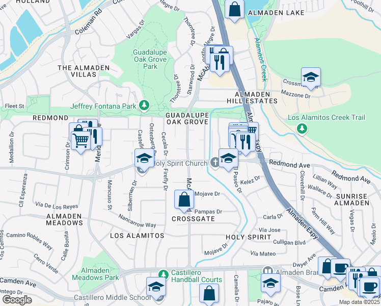map of restaurants, bars, coffee shops, grocery stores, and more near 6166 McAbee Road in San Jose