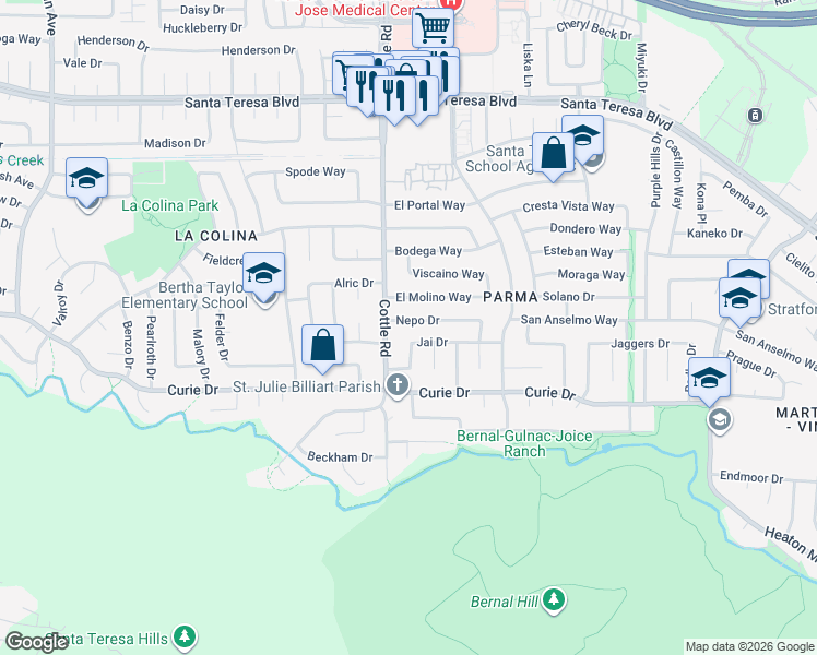 map of restaurants, bars, coffee shops, grocery stores, and more near 6315 Nepo Drive in San Jose