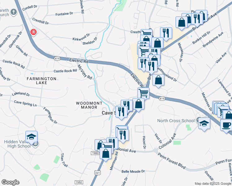 map of restaurants, bars, coffee shops, grocery stores, and more near 3382 Rasmont Road in Cave Spring