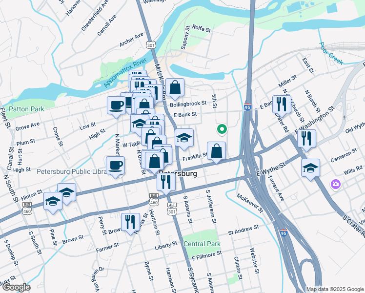 map of restaurants, bars, coffee shops, grocery stores, and more near 18 Centre Hill Court in Petersburg