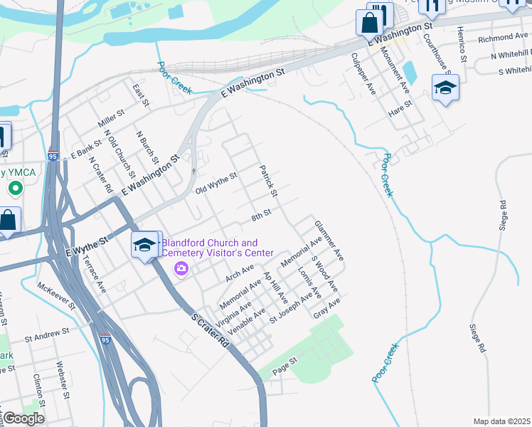 map of restaurants, bars, coffee shops, grocery stores, and more near 1056 8th Street in Petersburg