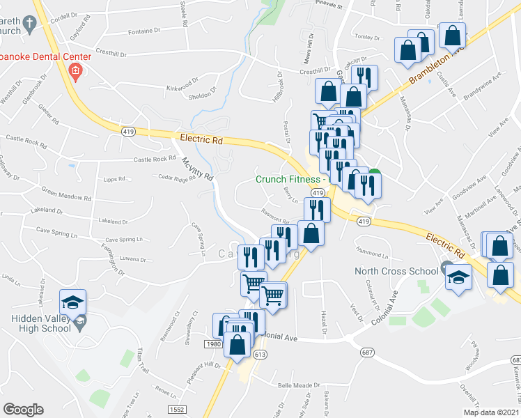 map of restaurants, bars, coffee shops, grocery stores, and more near 3390 Rasmont Road in Roanoke