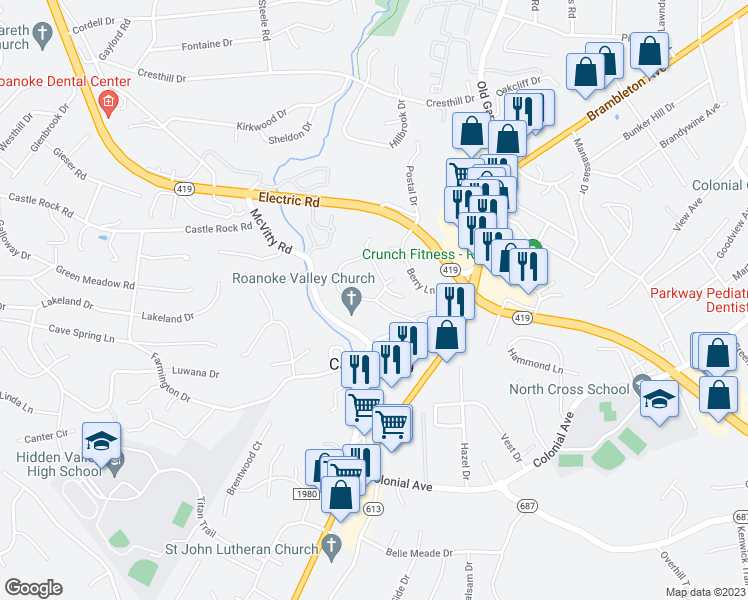 map of restaurants, bars, coffee shops, grocery stores, and more near 3384 Rasmont Road in Roanoke