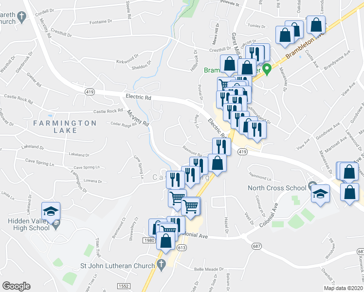 map of restaurants, bars, coffee shops, grocery stores, and more near 3382 Rasmont Road in Roanoke