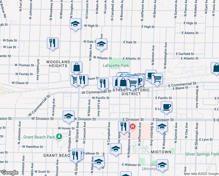 map of restaurants, bars, coffee shops, grocery stores, and more near North Campbell Avenue in Springfield