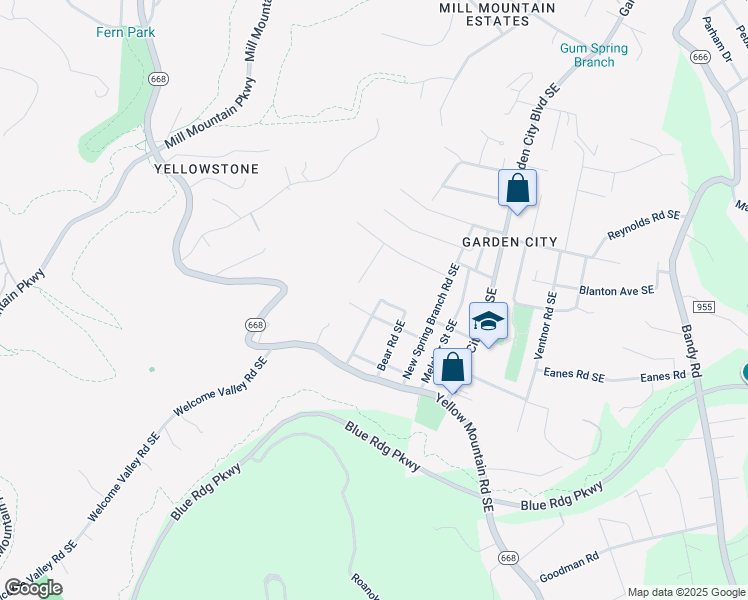 map of restaurants, bars, coffee shops, grocery stores, and more near 3601 Springvale Street Southeast in Roanoke