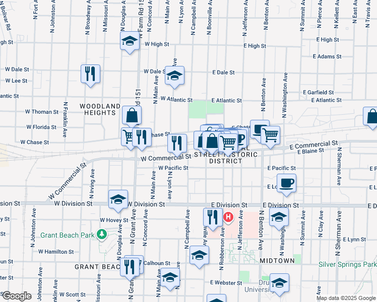 map of restaurants, bars, coffee shops, grocery stores, and more near North Campbell Avenue in Springfield