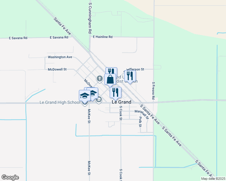 map of restaurants, bars, coffee shops, grocery stores, and more near 3882 Washington Avenue in Le Grand