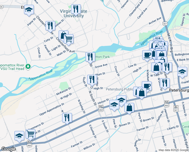 map of restaurants, bars, coffee shops, grocery stores, and more near 357 University Boulevard in Petersburg
