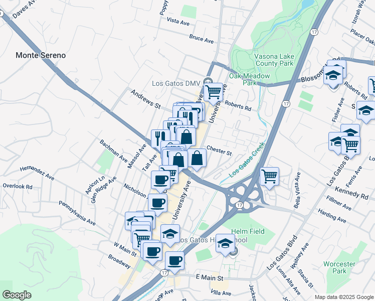 map of restaurants, bars, coffee shops, grocery stores, and more near 432 North Santa Cruz Avenue in Los Gatos