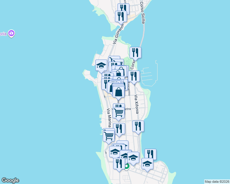 map of restaurants, bars, coffee shops, grocery stores, and more near 126 Via Principe Umberto in Augusta