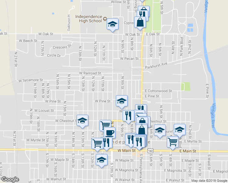 map of restaurants, bars, coffee shops, grocery stores, and more near 624 North 10th Street in Independence