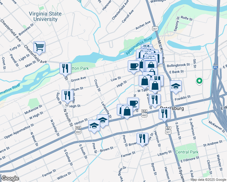 map of restaurants, bars, coffee shops, grocery stores, and more near 312 High Street in Petersburg