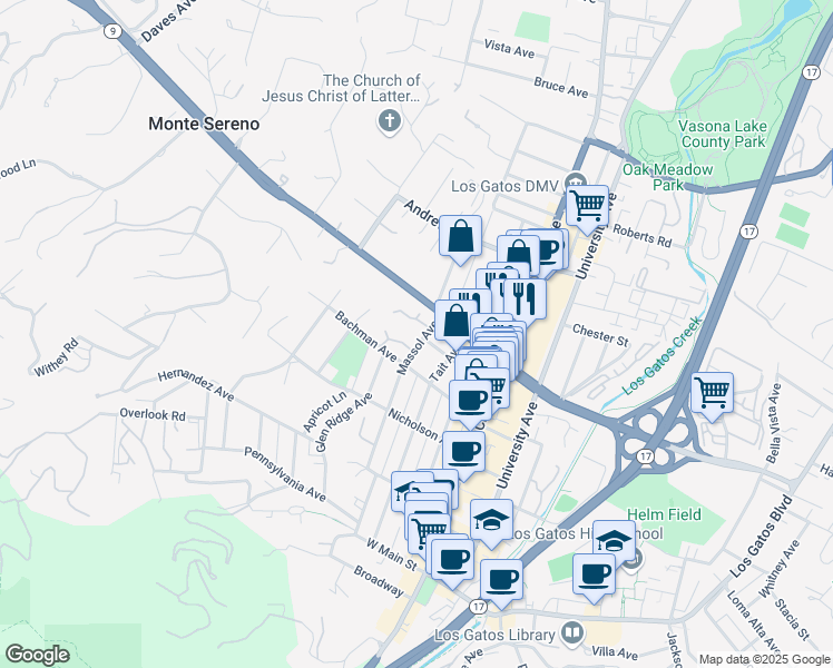 map of restaurants, bars, coffee shops, grocery stores, and more near 347 Massol Avenue in Los Gatos