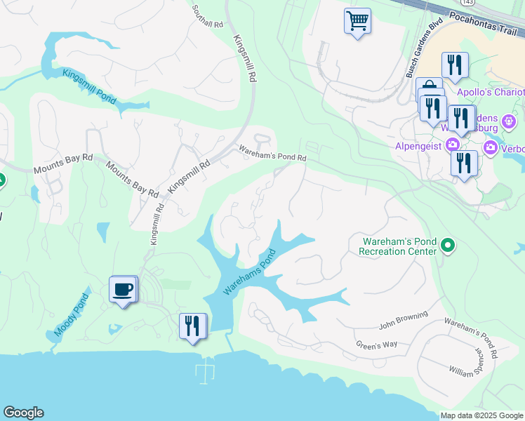 map of restaurants, bars, coffee shops, grocery stores, and more near 121 Wareham's Point in Williamsburg