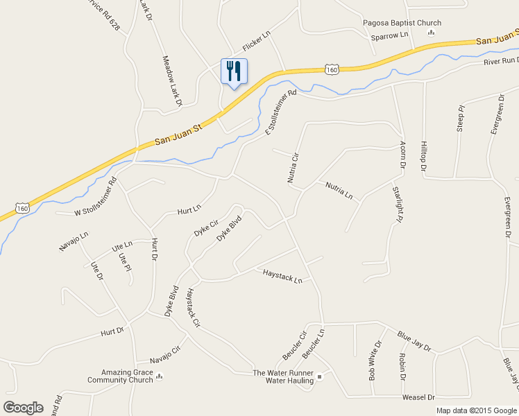 map of restaurants, bars, coffee shops, grocery stores, and more near 522 Dyke Boulevard in Pagosa Springs
