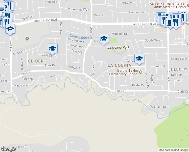 map of restaurants, bars, coffee shops, grocery stores, and more near 6209 Valroy Drive in San Jose