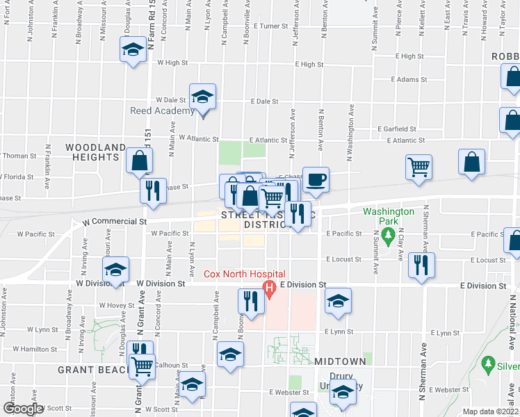 map of restaurants, bars, coffee shops, grocery stores, and more near 229 East Commercial Street in Springfield