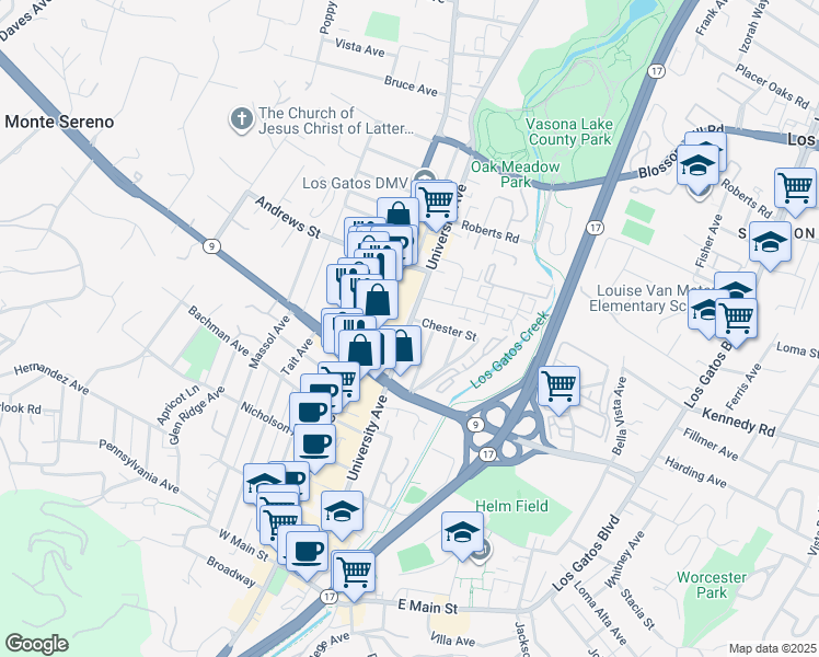 map of restaurants, bars, coffee shops, grocery stores, and more near 466 University Avenue in Los Gatos