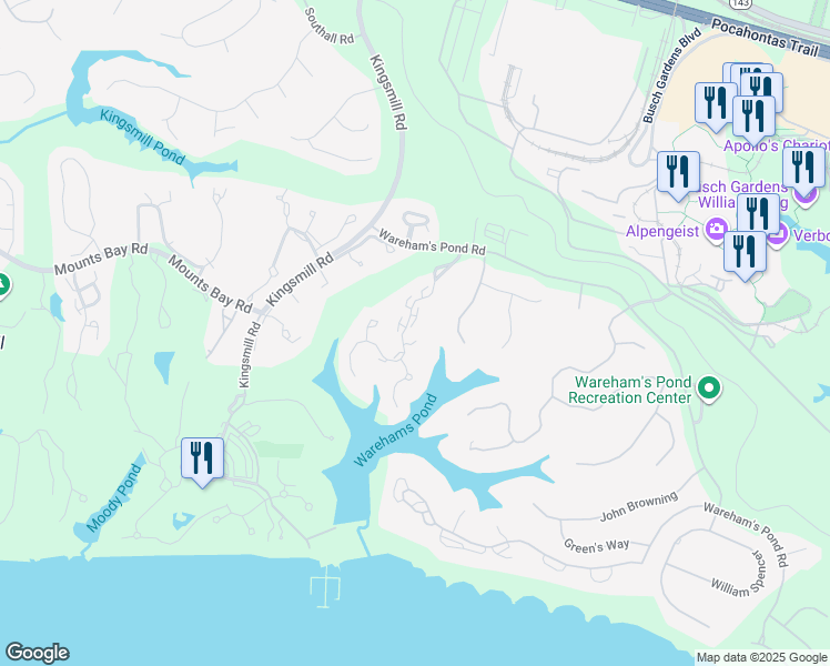map of restaurants, bars, coffee shops, grocery stores, and more near 121 Wareham's Point in Williamsburg