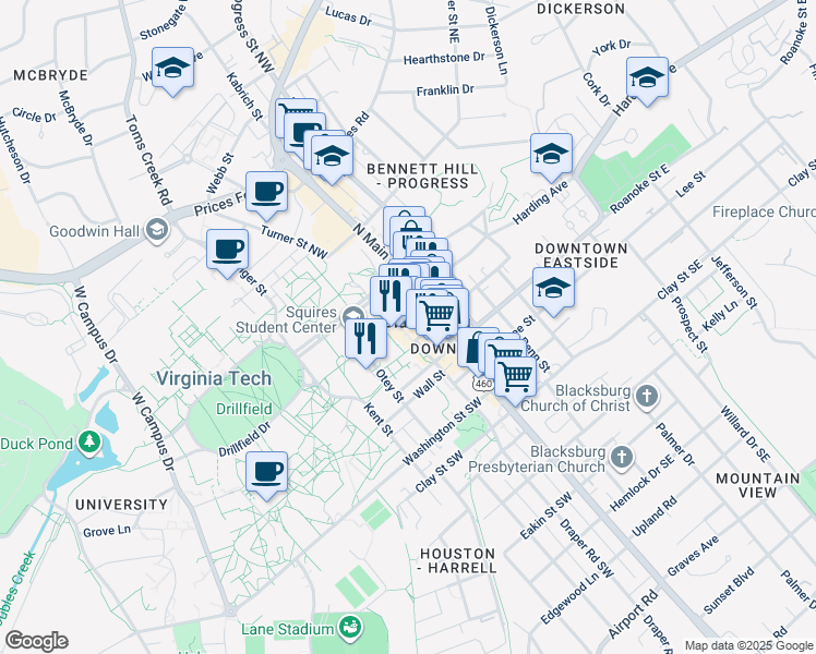 map of restaurants, bars, coffee shops, grocery stores, and more near in Blacksburg