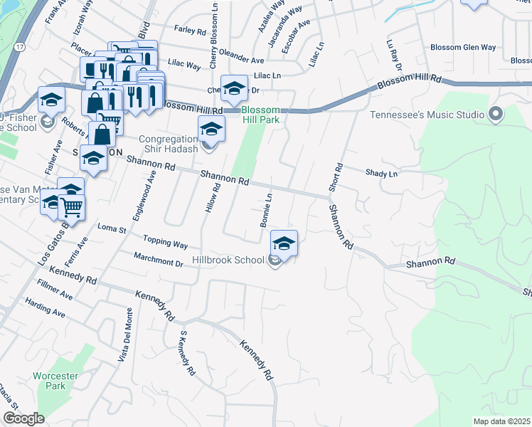 map of restaurants, bars, coffee shops, grocery stores, and more near Bonnie Lane in Los Gatos