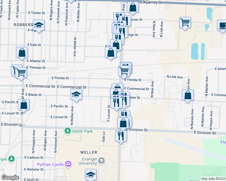 map of restaurants, bars, coffee shops, grocery stores, and more near 1716 East Commercial Street in Springfield