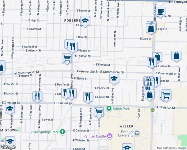map of restaurants, bars, coffee shops, grocery stores, and more near 1348 East Commercial Street in Springfield